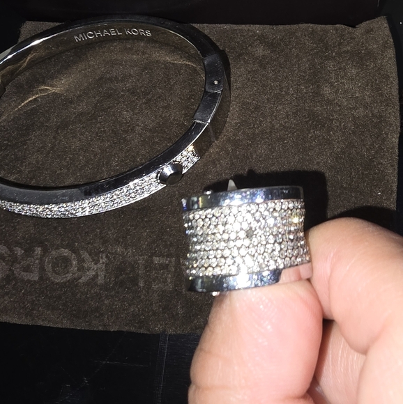 Michael Kors Silver Tone Pave Crystal Ring and Aster Stud Bracelet Set - Picture 7 of 7